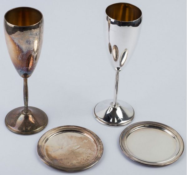 Set, pereche de 2 cupe, pahare cu farfurioare din argint masiv aurite